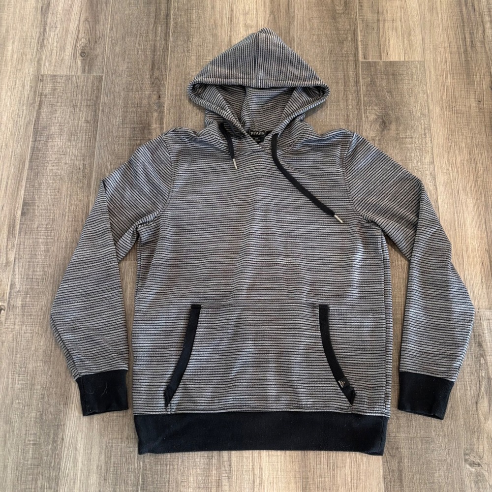 Prana Breathe Mens Hoodie Medium Grey Black Striped Pullover Kangaroo Pocket